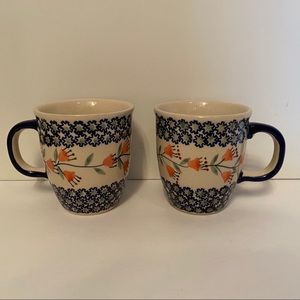 POLISH POTTERY CUPS MUGS 2 TWO COFFEE BLUE WHITE ORANGE FLOWERS FLORAL HOME DINE